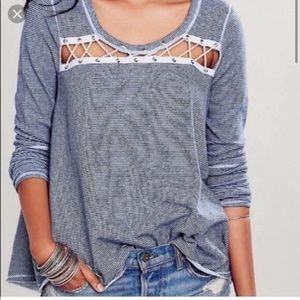 {free people} Blue and White Stripe Grommet and Rope Detail Sweater